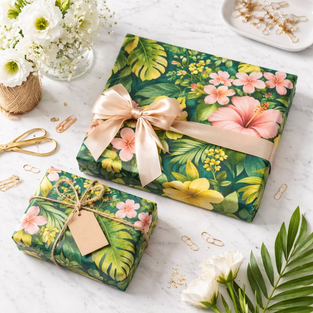 Djup Teal Tropisk Hibiskus Blommig  Presentpapper (Skapare uppladdad)