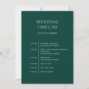 Djup tealgrön tidslinje. Skogbröllopsitinerary Inbjudningar
