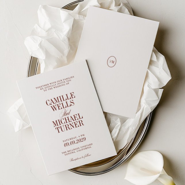 Djup Terrakotta Elegant Monogram Bröllopsinbjudan Spara Datumet (Deep Terracotta Elegant Monogram Wedding Invite)