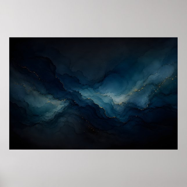 Djup Tid Navy Teal Ocean Abstrakt Affisch (Framsidan)