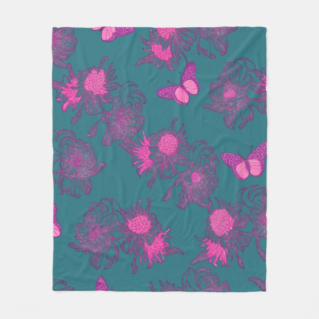 Djup turkos rosa fjäril blommande fleecefilt (Framsidan)