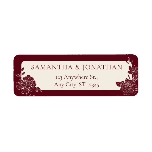 Djupa Burgunderfärgade Blommiga Bröllopsreturadres Returadress Etikett (Framsidan)