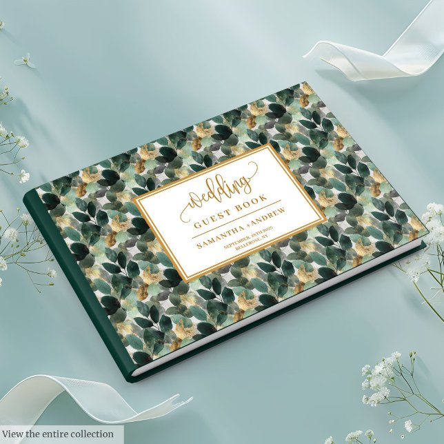 Djupa gästen bok i bröllop vid grönt med botaniska (Deep green gold wedding guest book with botanicals

)