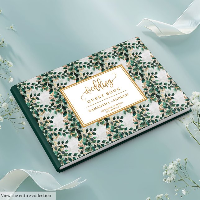 Djupa Gröntar och gästgästen Guld vid Blommigt Bok (Stylish Forest Green And Gold Eucalyptus Guest Book)