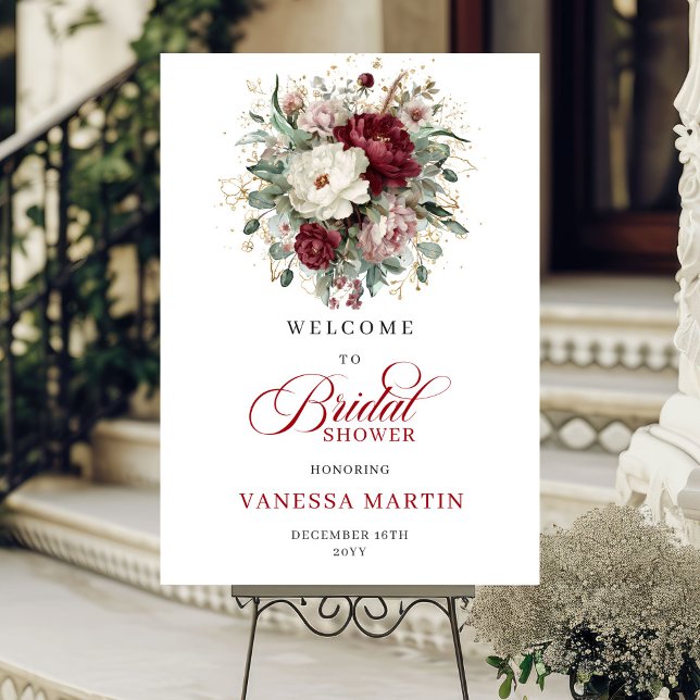 Djupa röda blommor Eukalyptus Guld Bröllopsfirande Poster (Deep Red Flowers Eucalyptus Gold Bridal Welcome Sign

)