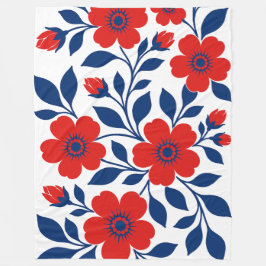 Djupa Röda Blommor och Marinblå Blad Fleecefilt