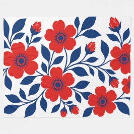 Djupa Röda Blommor och Marinblå Blad Fleecefilt