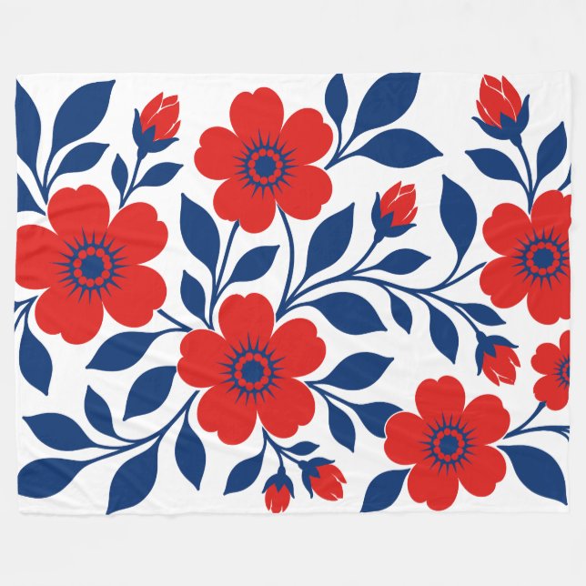 Djupa Röda Blommor och Marinblå Blad Fleecefilt (Framsidan (Horisontell))