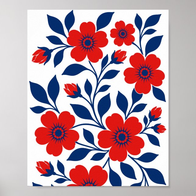 Djupa Röda Blommor och Marinblå Blad Poster (Framsidan)