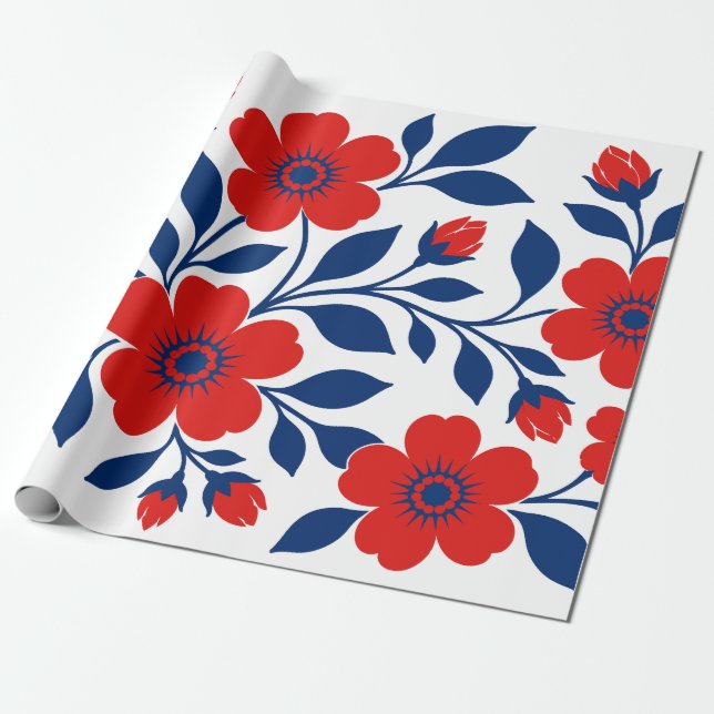 Djupa Röda Blommor och Marinblå Blad Presentpapper (Utrullad)