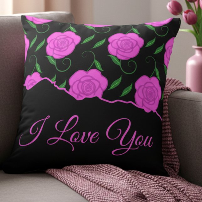 Djupa rosa rosor på svart älskar dig kudde (Pink roses on black. Elegant and personal. Great for mom, partner or anyone you love.)