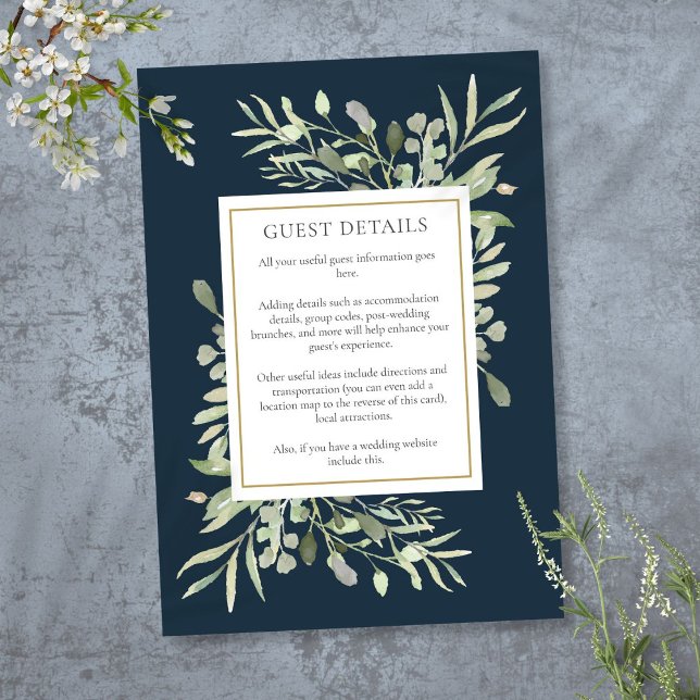 Djupblå akvarellgrönska bröllopsdetaljer tilläggskort (Deep Sea Blue Watercolor Greenery Wedding Details Enclosure Card)