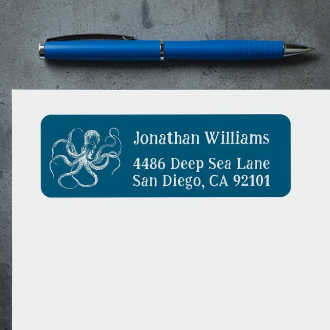 Djupblå Återvändande adressetiketter för bläckfisk Returadress Etikett (Deep ocean blue octopus return address labels.)