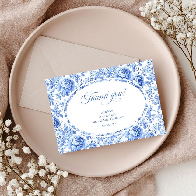 Djupblå Blommig Elegant Bröllopstackningskort Tack Kort (Deep Blue Floral Elegant Wedding Thank You Card)