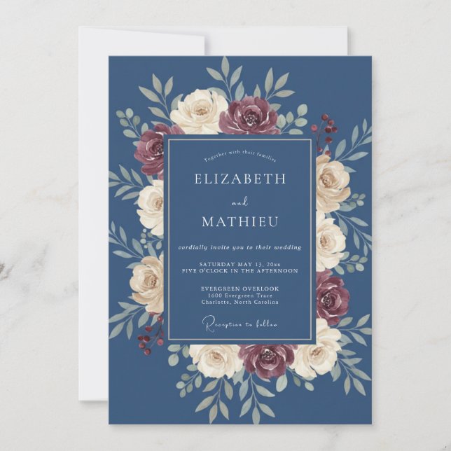 Djupblå Blommig Krans Bröllop Inbjudningar (Framsida)