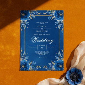 Djupblå blomsterbåge bröllop inbjudningar
