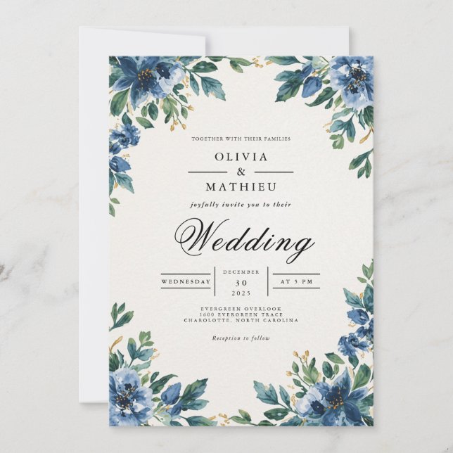 Djupblå blomsterbåge romantisk bröllop inbjudningar (Framsida)