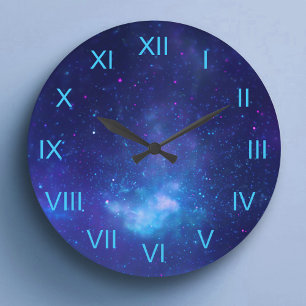 Djupblå Galactic Center Aqua Roman Numerals Stor Klocka
