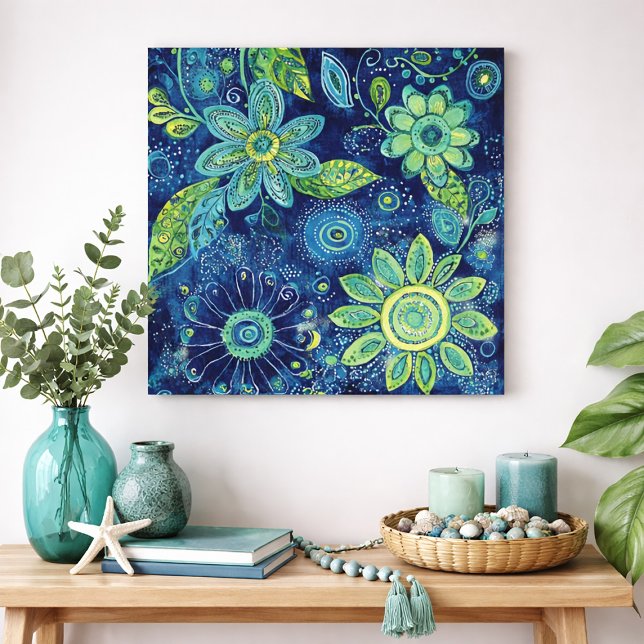Djupblå Grön Blommig Folkkonst  Poster (Blue and green abstract floral wall art print)