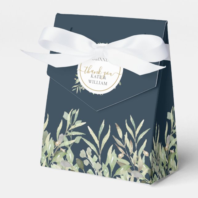 Djupblå grönska blad vinterbröllop presentaskar (Framsidan Sidan)
