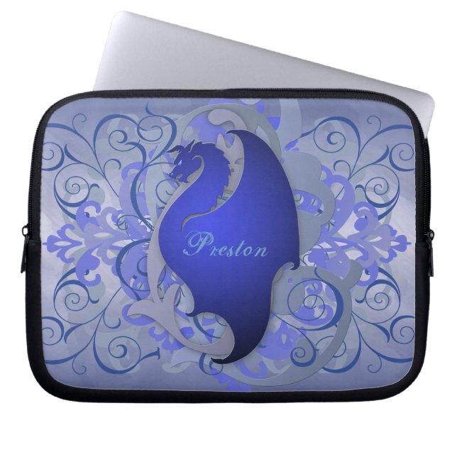 Djupblå laptop sleeve för fantasirulladrake (Framsidan)