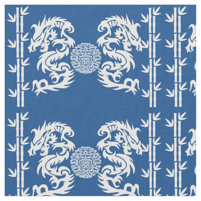 Djupblå med drakar och bambu tyg (Närbild)