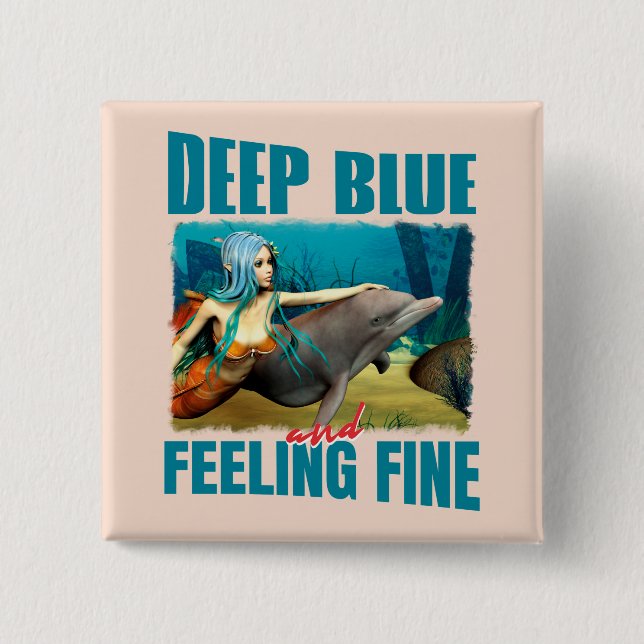 Djupblå och känn dig fint Mermaid Dolphin Art Knapp (Framsida)