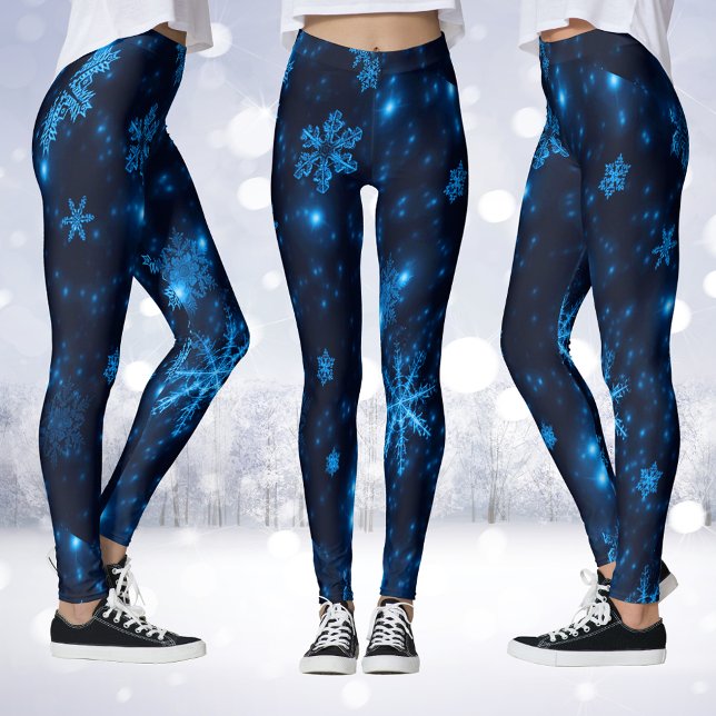 Djupblå och ljusa Snöflingor Leggings (Deep Blue & Bright Snowflakes Leggings)