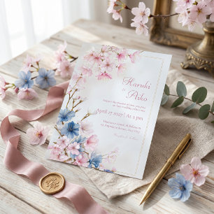 Djupblå Rosa Romantisk Sakura Guld Ram Bröllop Inbjudningar