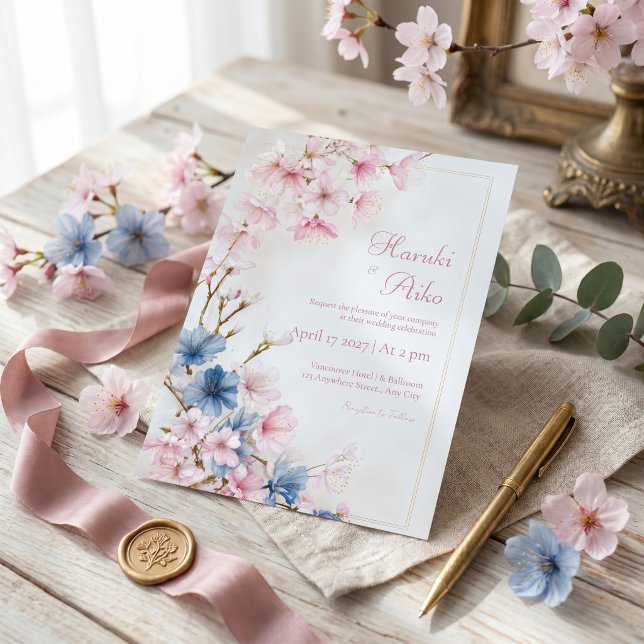 Djupblå Rosa Romantisk Sakura Guld Ram Bröllop Inbjudningar (Skapare uppladdad)