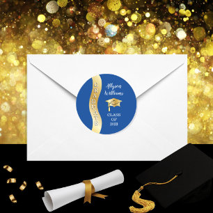 djupblå Wave Grad Cap Guld Student Runt Klistermärke