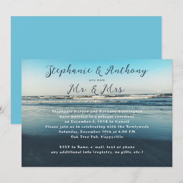 Djupblått Bröllopsannonsering Mottagning Fest Inbjudningar (Fram/baksida)