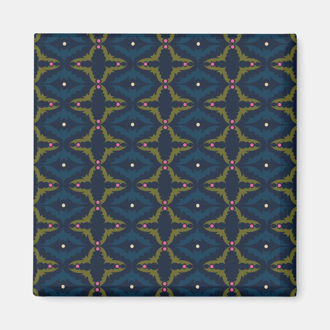 Djupblått Retro Vintage Mönster  Magnet (Framsidan)