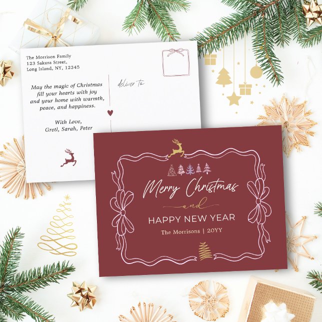 Djupbrott: Bow & Träd Doodles Helgdag Postcard Helg Vykort (Deep Crimson: Bow & Trees Doodles Holiday Postcard)