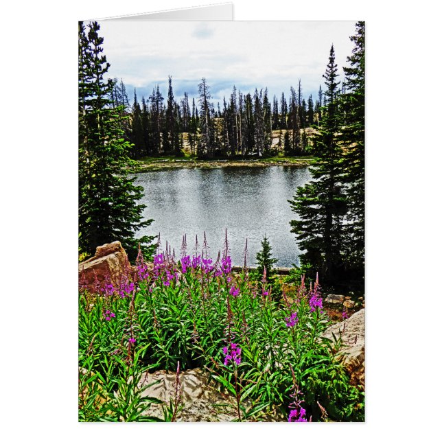 Djupgående Rosa Flowers vid Sjö, Blank Inside Hälsningskort (Framsidan)
