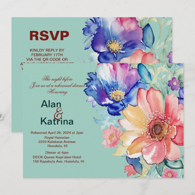 Djupgrön Blommig Mint Bröllopsmiddag Repetition Inbjudningar (Fram/baksida)