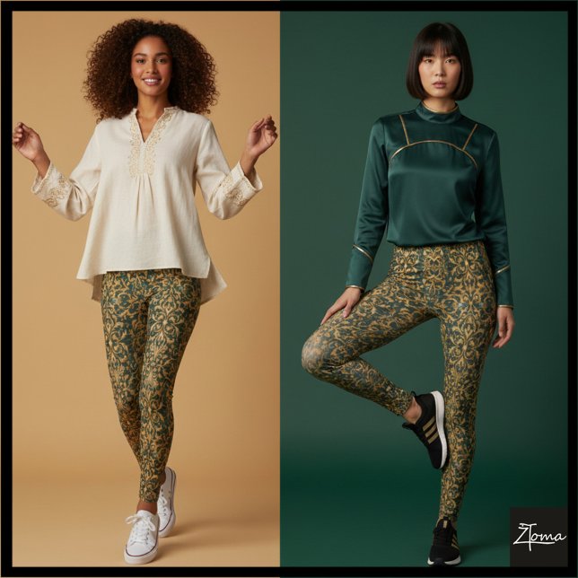 Djupgrön gul damask blomstertapet leggings (Skapare uppladdad)