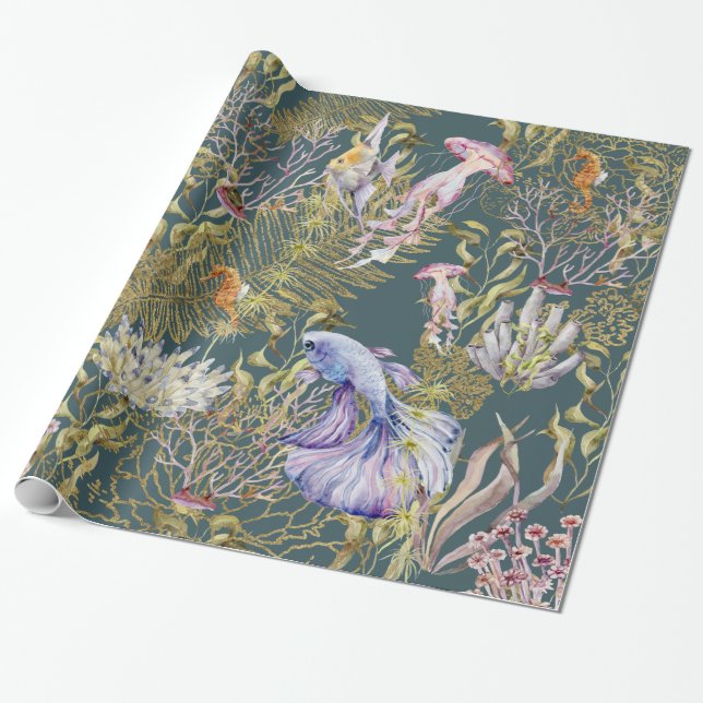 Djuphavsfisk av korallrev i Guld Presentpapper (Utrullad)