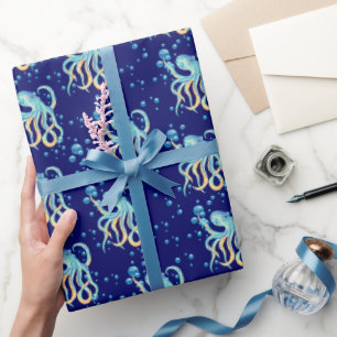 Djuphavskål, bläckfisk, blått bubbelfiske presentpapper
