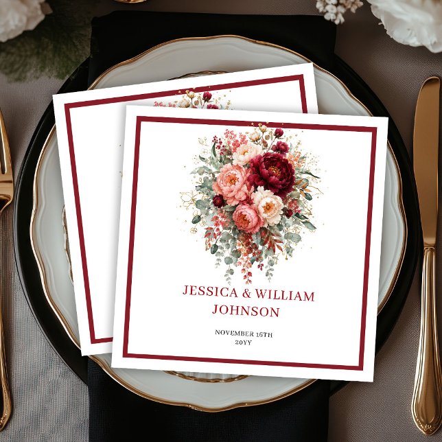 Djuplila Boho-blommor Höst Eukalyptus Bröllop Pappersservett (Deep Red Boho Flowers Autumn Eucalyptus Wedding Napkins

)
