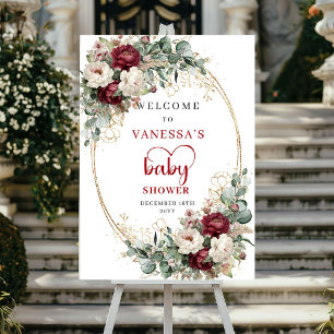 Djuplila Burgunderröda Blommor Baby Shower Välkoms Poster