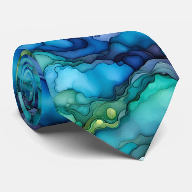 Djuplod abstrakt design i teal och blå vätska  slips (Rullad)