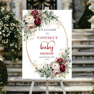 Djupröd Blommig Baby Shower Välkomstaffisch Poster