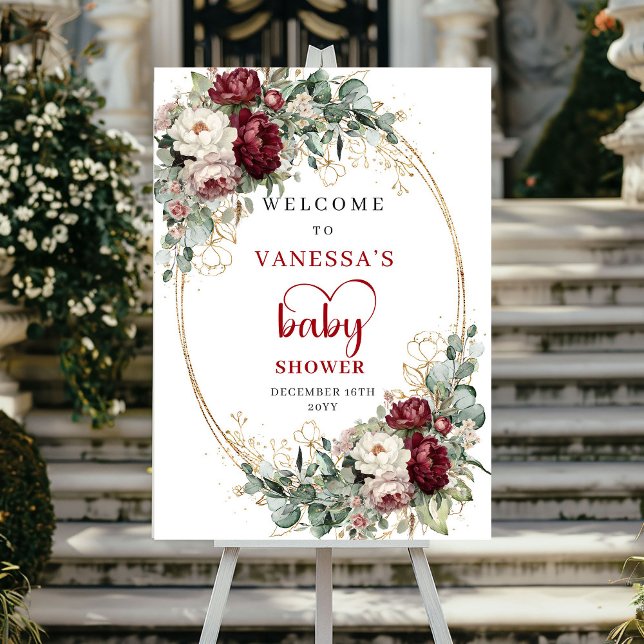 Djupröd Blommig Baby Shower Välkomstaffisch Poster (Deep Red Floral Baby Shower Welcome)