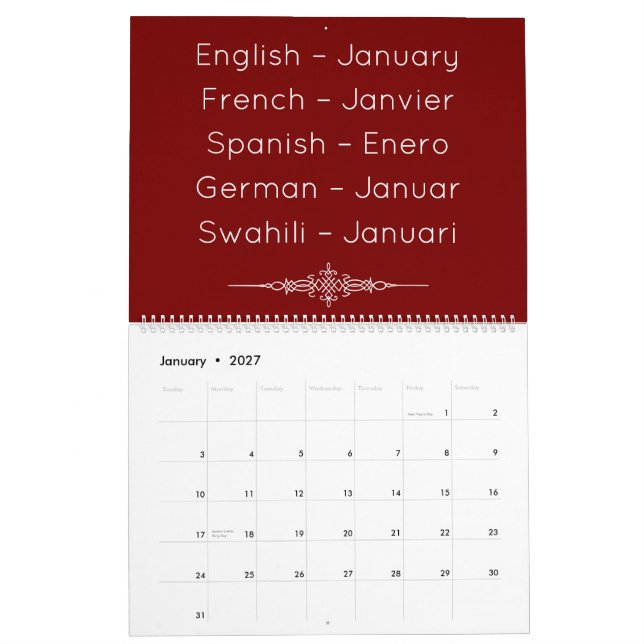 Djupröd flerspråkig kalender (Jan 2027)