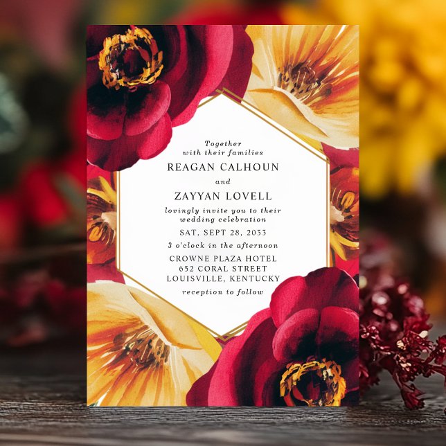 Djupröd och gul blomstergeometrisk bröllopsinbjuda inbjudningar (Skapare uppladdad)