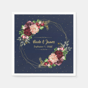 Djupröda höstblommor i marinblått med guld och bur pappersservett