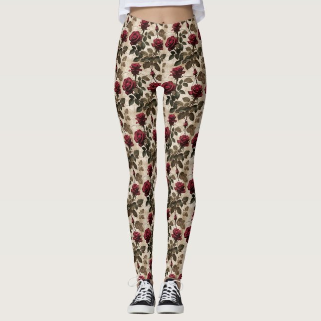 Djupröda Rosor Med Mörkgröna Blad Leggings (Framsida)