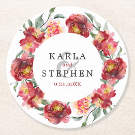 Djupröda vattenfärger Garden Flowers Utandning Underlägg Papper Rund