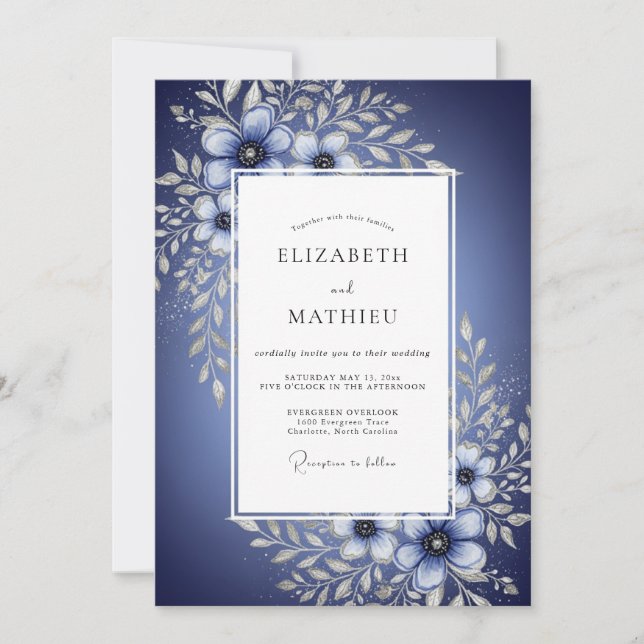 Djupt Blått Blommigt Förtrollande Bröllop Inbjudningar (Framsida)